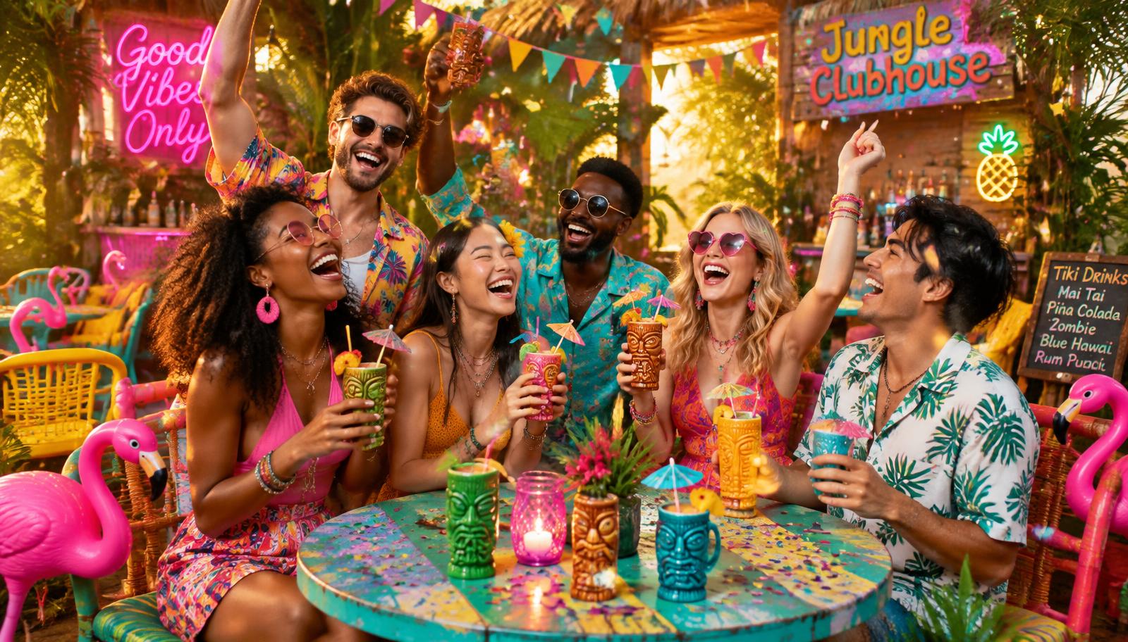 Friends laughing with tiki mugs at a colorful jungle clubhouse party at golden hour
